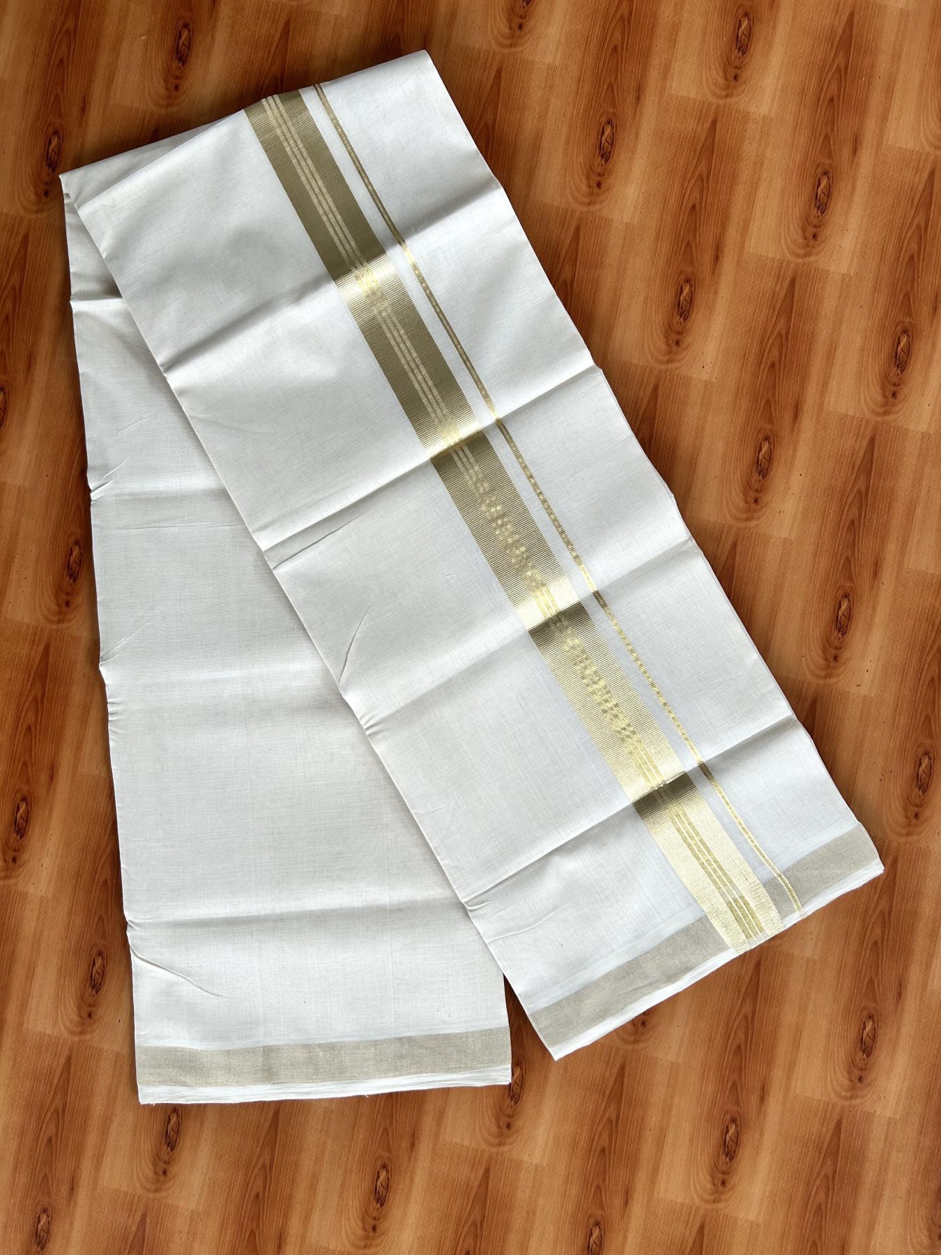 Double Off White (Unbleached) Mundu/Dhoti - 25% Discount!!! KaithariKada Handloom Unakkupaav Kerala Handloom - Pure Cotton 80x90 - 1.5 Inch Light Gold Kasavu Striped kara 4 Mtr (8.5 Muzham) - 4 KK5438 YAR