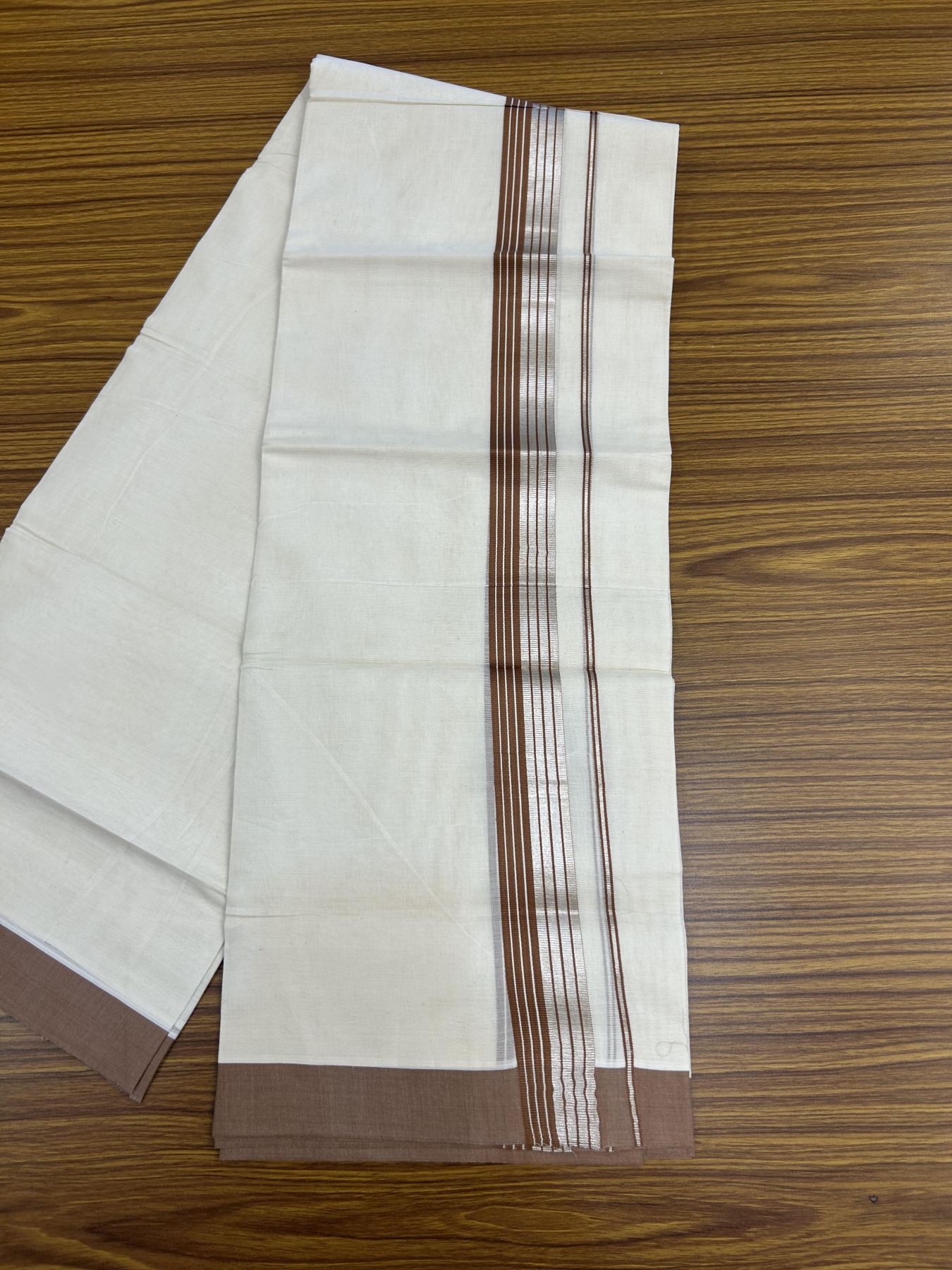20% Discount! KaithariKada Balaramapuram 100% Cotton Off white Double Mundu/Dhoti - 80s - 1.5 inch Brown & Silver Kasav Striped Kara - 4mtr (8.5muzham) - 8 KK5357 VAS