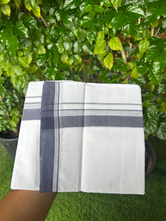 20% Discount ! Kaitharikada Balaramapuram 100% Cotton PURE WHITE Double Mundu/Dothi - 100x80 - 1.5 inch Navy Blue Striped Kara 3.75 mtr (8 muzham) - 45KK5220 THI