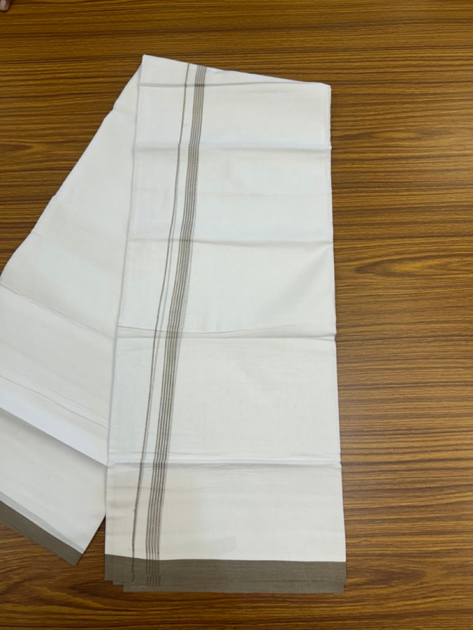 20% Discount ! Kaitharikada Balaramapuram 100% Cotton Pure White Double Mundu/Dothi - 100x80 - 0.5 inch Walnut Brown Striped Kara 3.90 mtr (8 muzham) - 4 KK5291 VAS