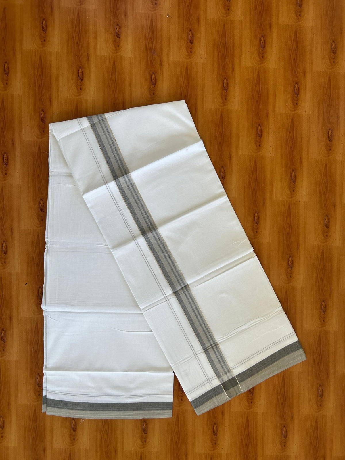 Pure white Double Mundu/Dhoti - 20% Discount !! KaithariKada Pulimood 100% Cotton - 100x80 - 1.25 inch Ash Green & Black Silver Kasav Shaded Striped Kara 3.85 mtr (8 muzham) - 12 KK5552 VIN