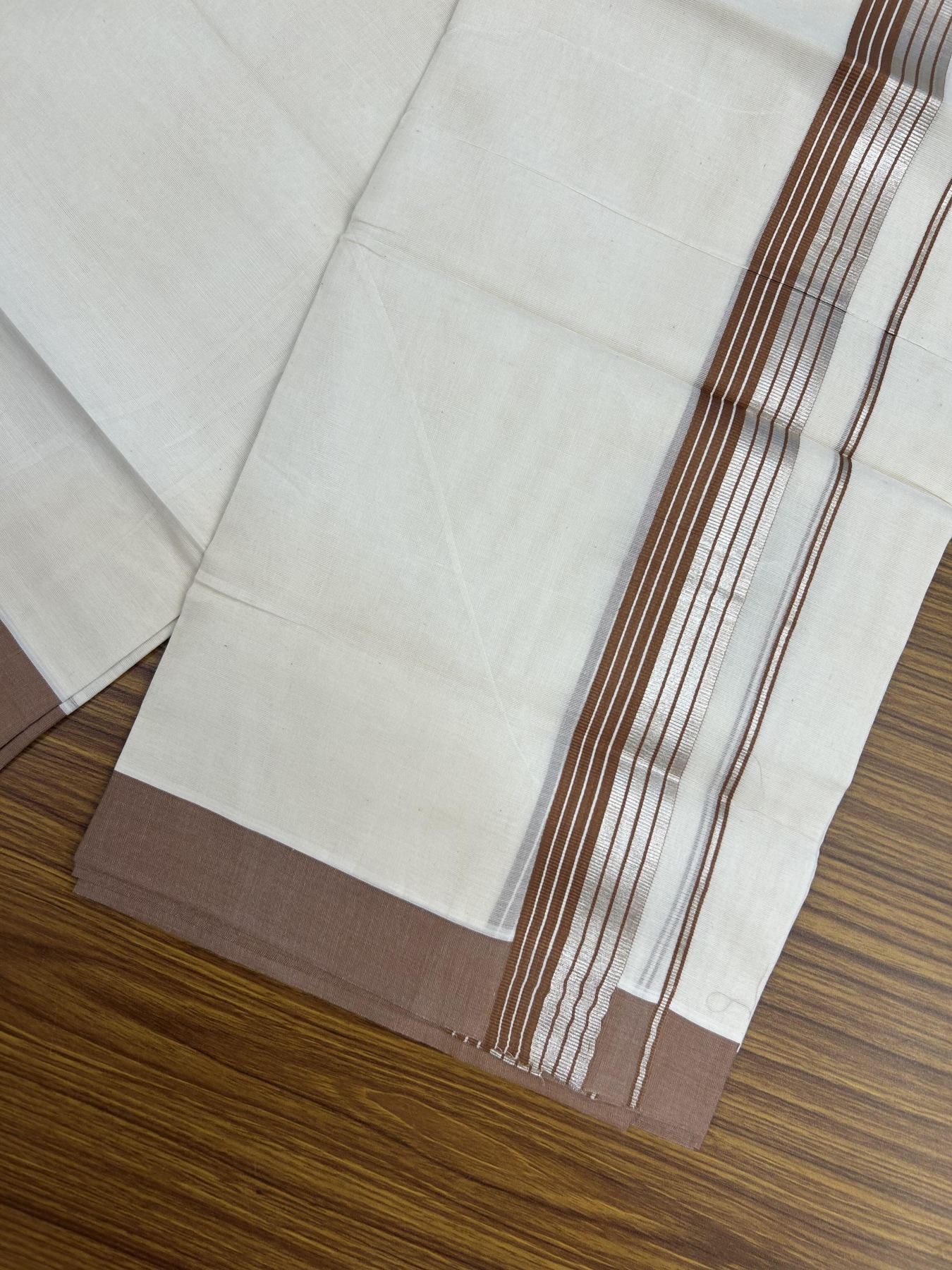 20% Discount! KaithariKada Balaramapuram 100% Cotton Off white Double Mundu/Dhoti - 80s - 1.5 inch Brown & Silver Kasav Striped Kara - 4mtr (8.5muzham) - 8 KK5357 VAS