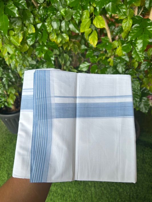 20% Discount ! Kaitharikada Balaramapuram 100% Cotton PURE WHITE Double Mundu/Dothi - 100x80 - 1.25 inch Dark Sky Blue Striped Kara 3.75 mtr (8 muzham) - 38KK5220 THI