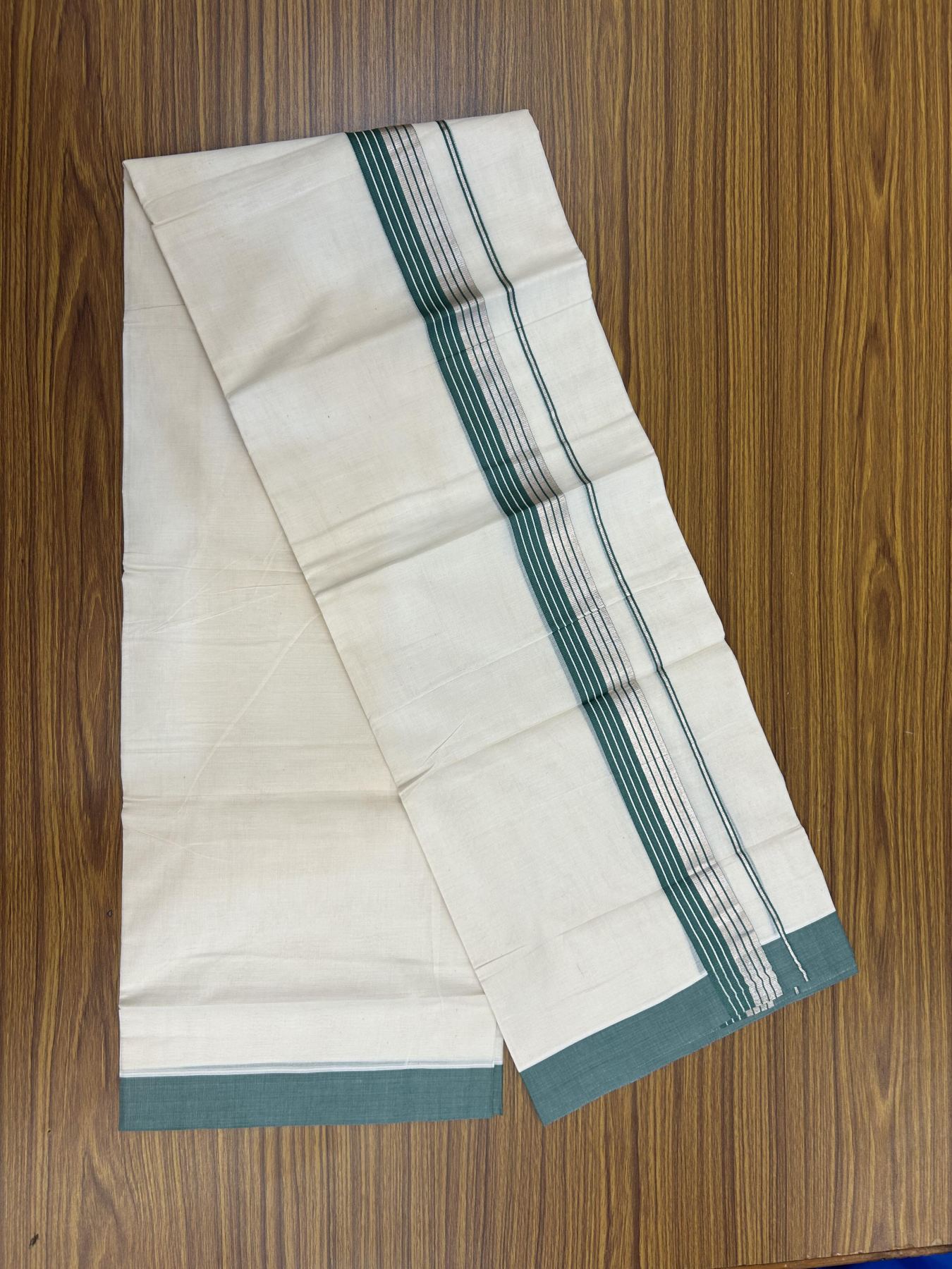 20% Discount! KaithariKada Balaramapuram 100% Cotton Off white Double Mundu/Dhoti - 80s - 1.5 inch Teal & Silver Kasav Striped Kara - 4mtr (8.5muzham) - 9 KK5357 VAS