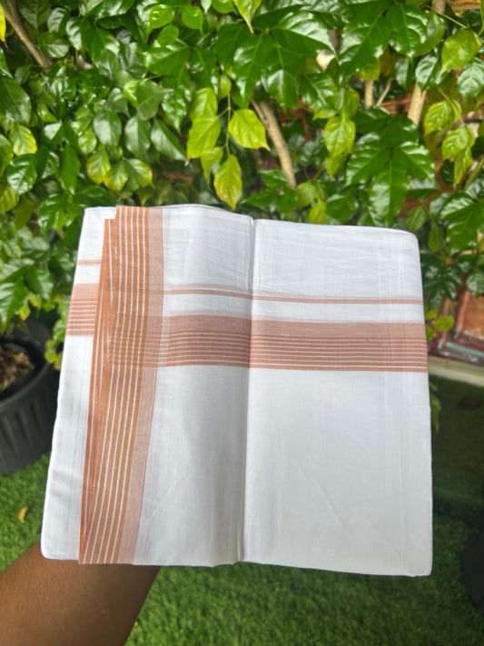 20% Discount ! Kaitharikada Balaramapuram 100% Cotton PURE WHITE Double Mundu/Dothi - 100x80 - 1.5 inch Peach Brown Striped Kara 3.75 mtr (8 muzham) - 39KK5220 THI