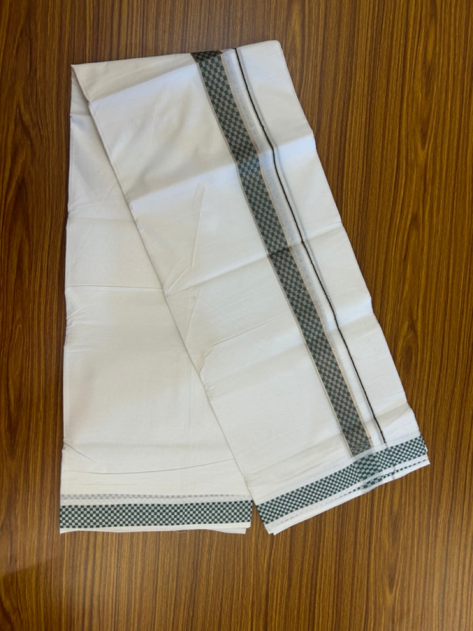 20% Discount! KaithariKada Balaramapuram 100% Cotton Double Pure white Mundu/Dhoti - 100x80 - 1.5 Inch Silver Kasav Green jacquard pattern Kara - 5 KK5291 KAI