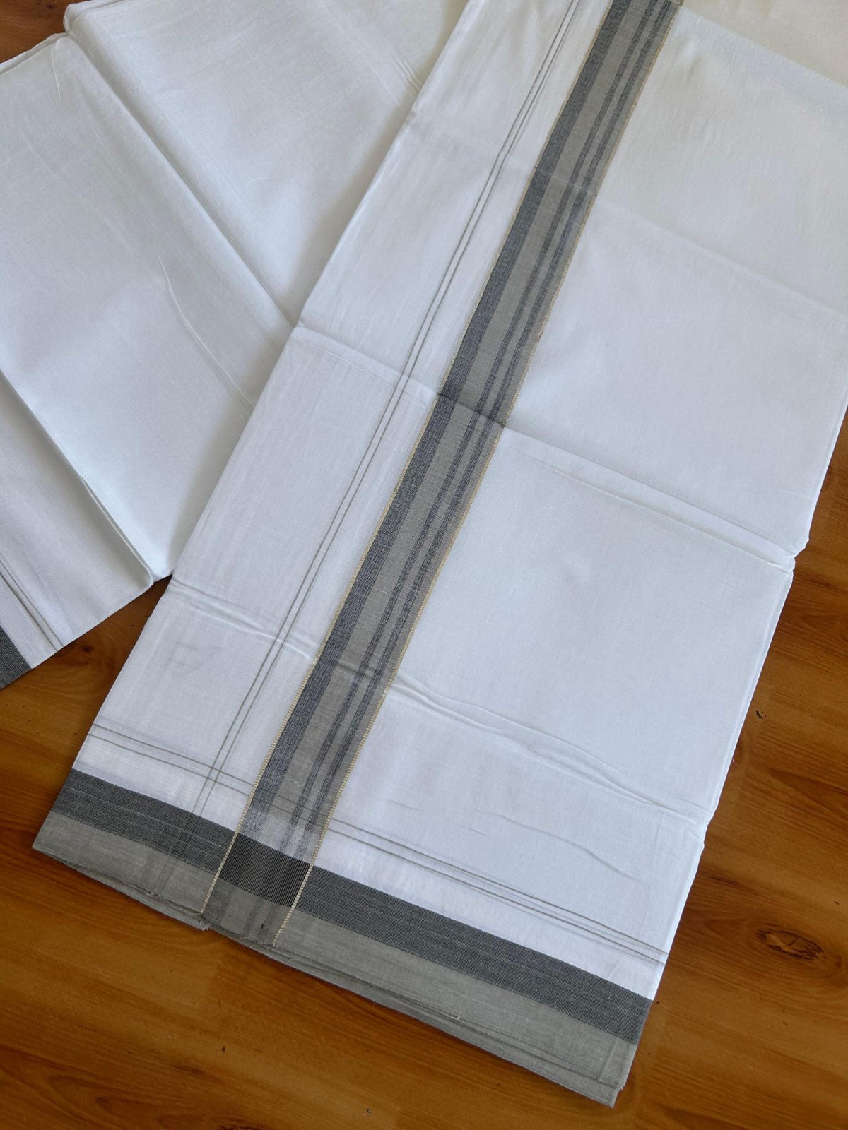 Pure white Double Mundu/Dhoti - 20% Discount !! KaithariKada Pulimood 100% Cotton - 100x80 - 1.25 inch Ash Green & Black Silver Kasav Shaded Striped Kara 3.85 mtr (8 muzham) - 12 KK5552 VIN