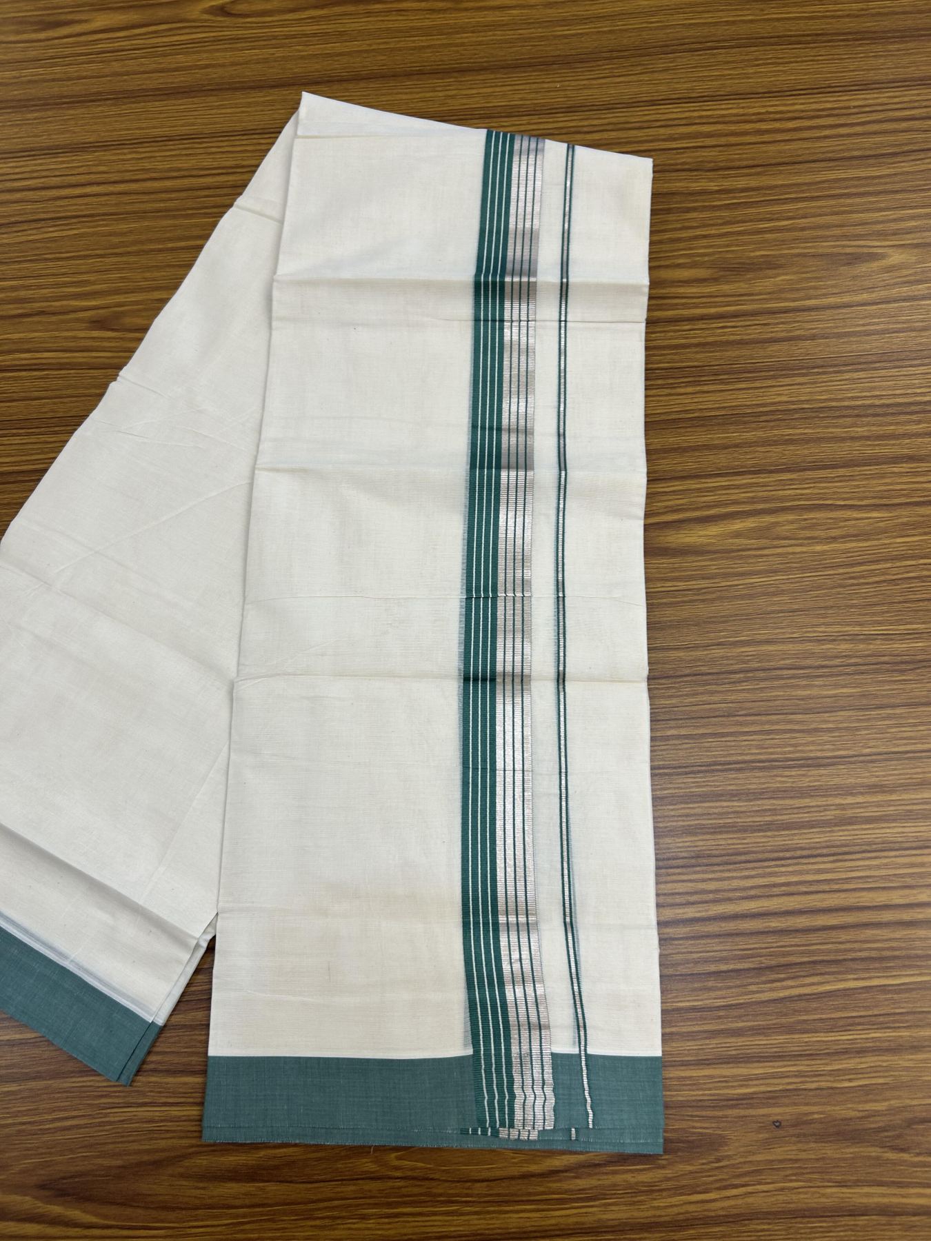 20% Discount! KaithariKada Balaramapuram 100% Cotton Off white Double Mundu/Dhoti - 80s - 1.5 inch Teal & Silver Kasav Striped Kara - 4mtr (8.5muzham) - 9 KK5357 VAS