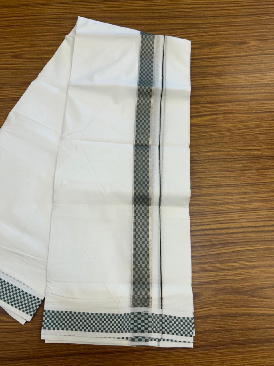 20% Discount! KaithariKada Balaramapuram 100% Cotton Double Pure white Mundu/Dhoti - 100x80 - 1.5 Inch Silver Kasav Green jacquard pattern Kara - 5 KK5291 KAI