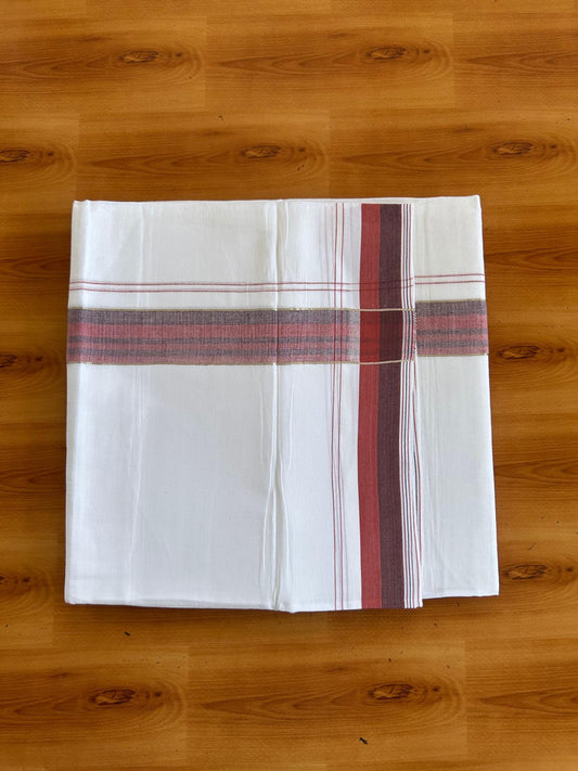 Pure white Double Mundu/Dhoti - 20% Discount !! KaithariKada Pulimood 100% Cotton - 100x80 - 1.25 inch Red & Maroon Silver Kasav Shaded Striped Kara 3.85 mtr (8 muzham) - 13 KK5552 VIN
