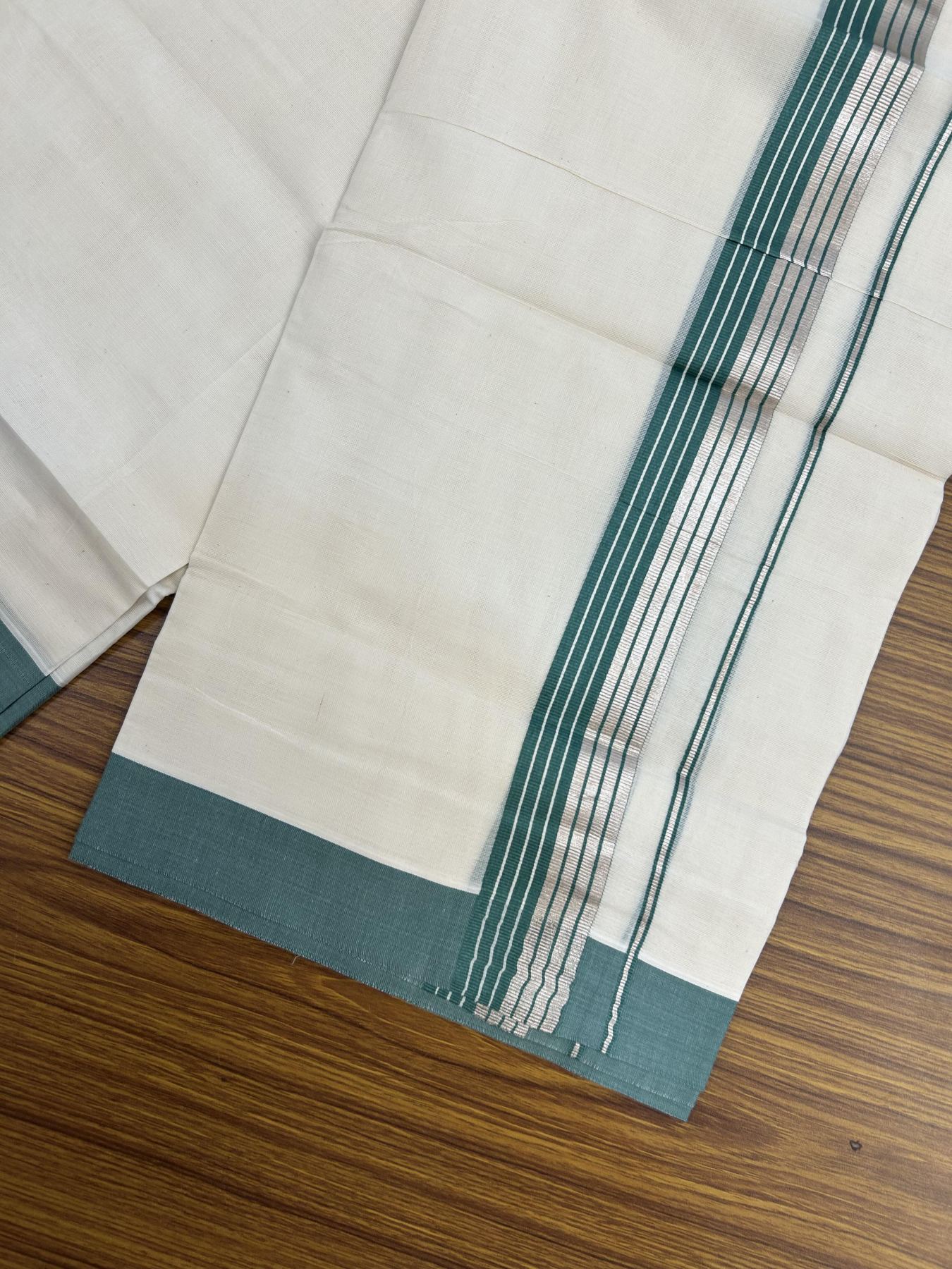 20% Discount! KaithariKada Balaramapuram 100% Cotton Off white Double Mundu/Dhoti - 80s - 1.5 inch Teal & Silver Kasav Striped Kara - 4mtr (8.5muzham) - 9 KK5357 VAS