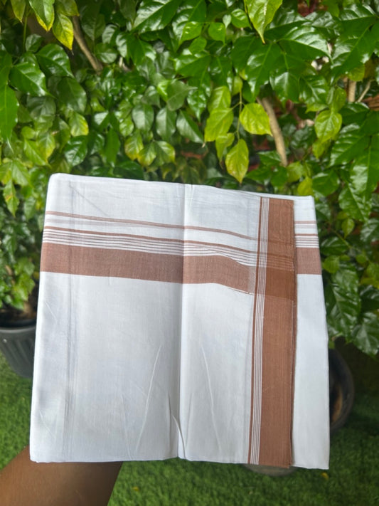 20% Discount ! Kaitharikada Balaramapuram 100% Cotton PURE WHITE Double Mundu/Dothi - 100x80 - 1.5 inch Brown Striped Kara 3.75 mtr (8 muzham) - 44KK5220 THI