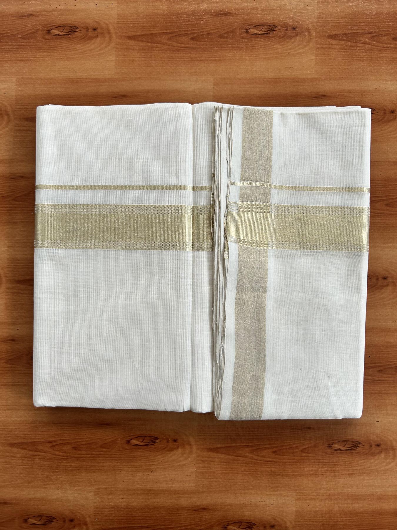 Double Off White (Unbleached) Mundu/Dhoti - 25% Discount!!! KaithariKada Handloom Unakkupaav Kerala Handloom - Pure Cotton 80x90 - 1.5 Inch Light Gold Kasavu Striped kara 4 Mtr (8.5 Muzham) - 6 KK5438 YAR