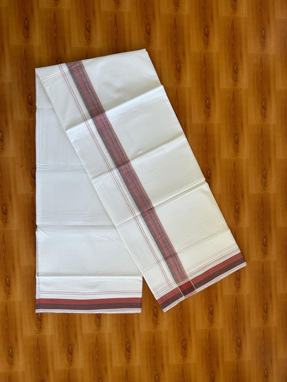 Pure white Double Mundu/Dhoti - 20% Discount !! KaithariKada Pulimood 100% Cotton - 100x80 - 1.25 inch Red & Maroon Silver Kasav Shaded Striped Kara 3.85 mtr (8 muzham) - 13 KK5552 VIN