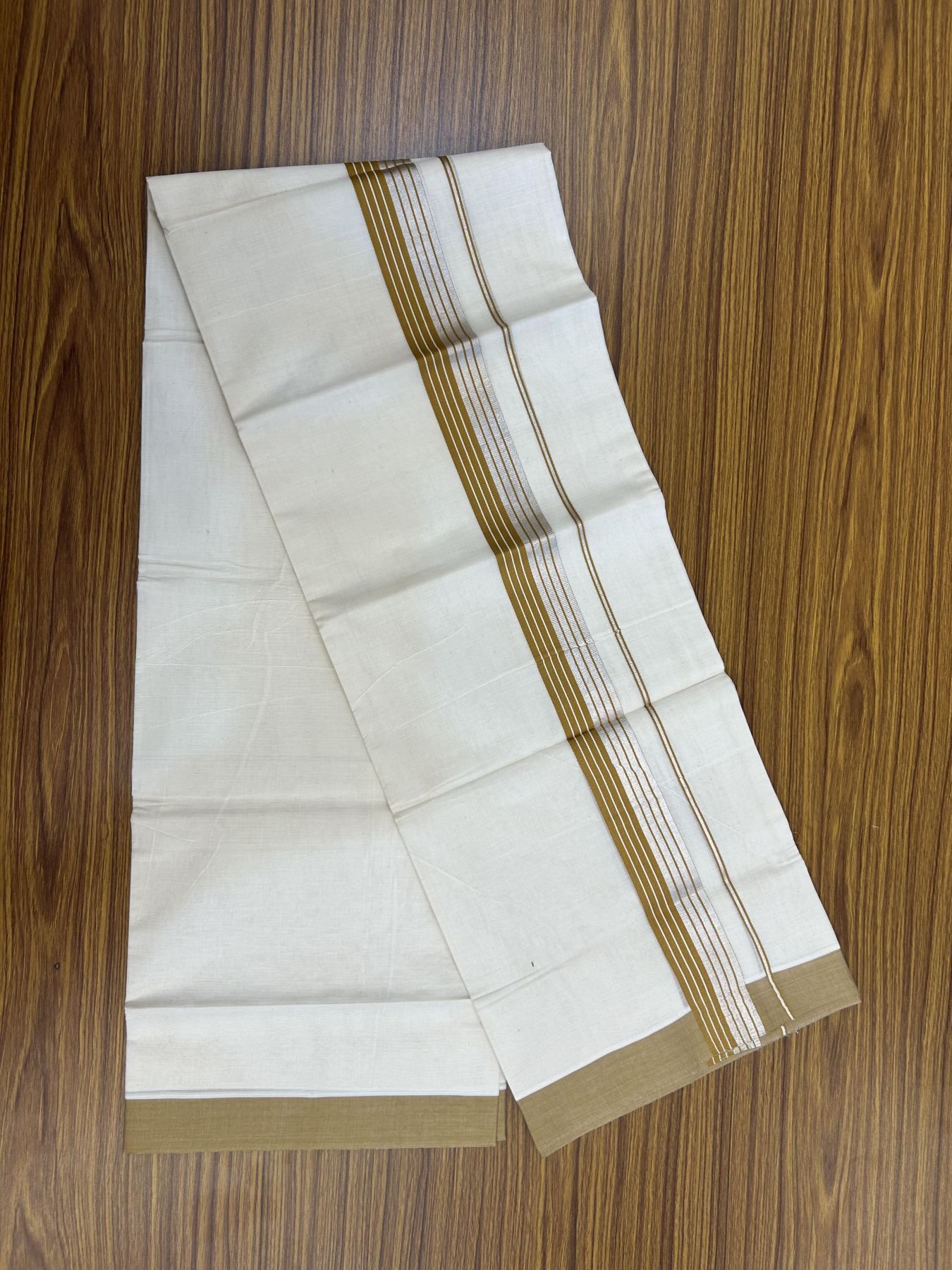 20% Discount! KaithariKada Balaramapuram 100% Cotton Off white Double Mundu/Dhoti - 80s - 1.5 inch Mustard Brown & Silver Kasav Striped Kara - 4mtr (8.5muzham) - 10 KK5357 VAS