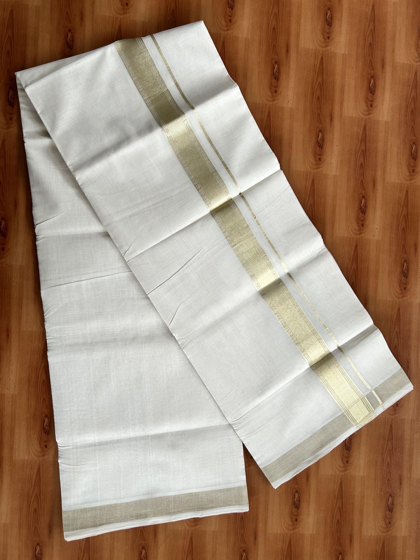 Double Off White (Unbleached) Mundu/Dhoti - 25% Discount!!! KaithariKada Handloom Unakkupaav Kerala Handloom - Pure Cotton 80x90 - 1.5 Inch Light Gold Kasavu Striped kara 4 Mtr (8.5 Muzham) - 6 KK5438 YAR