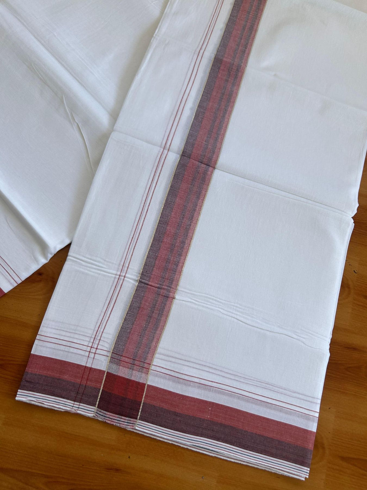 Pure white Double Mundu/Dhoti - 20% Discount !! KaithariKada Pulimood 100% Cotton - 100x80 - 1.25 inch Red & Maroon Silver Kasav Shaded Striped Kara 3.85 mtr (8 muzham) - 13 KK5552 VIN
