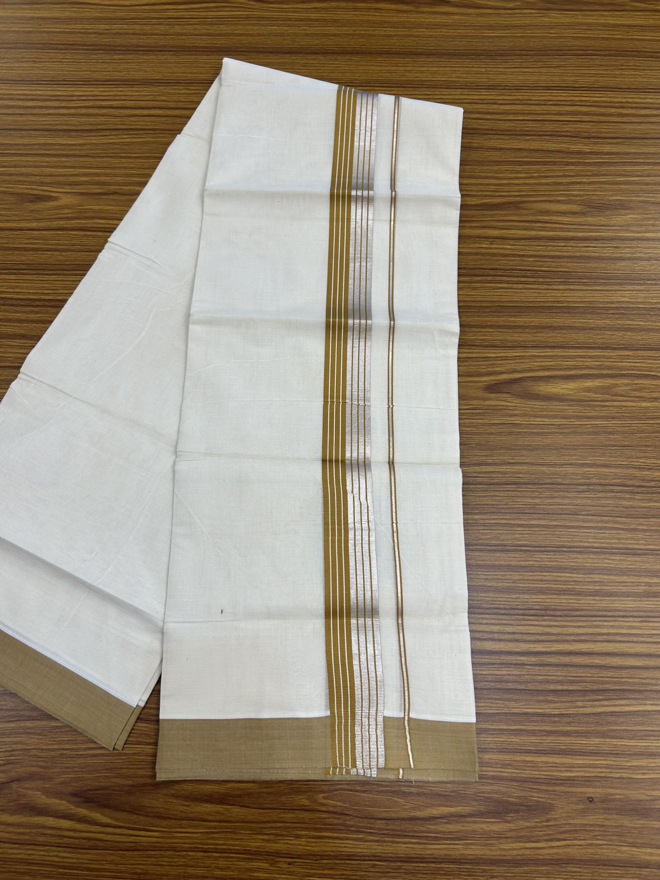 20% Discount! KaithariKada Balaramapuram 100% Cotton Off white Double Mundu/Dhoti - 80s - 1.5 inch Mustard Brown & Silver Kasav Striped Kara - 4mtr (8.5muzham) - 10 KK5357 VAS