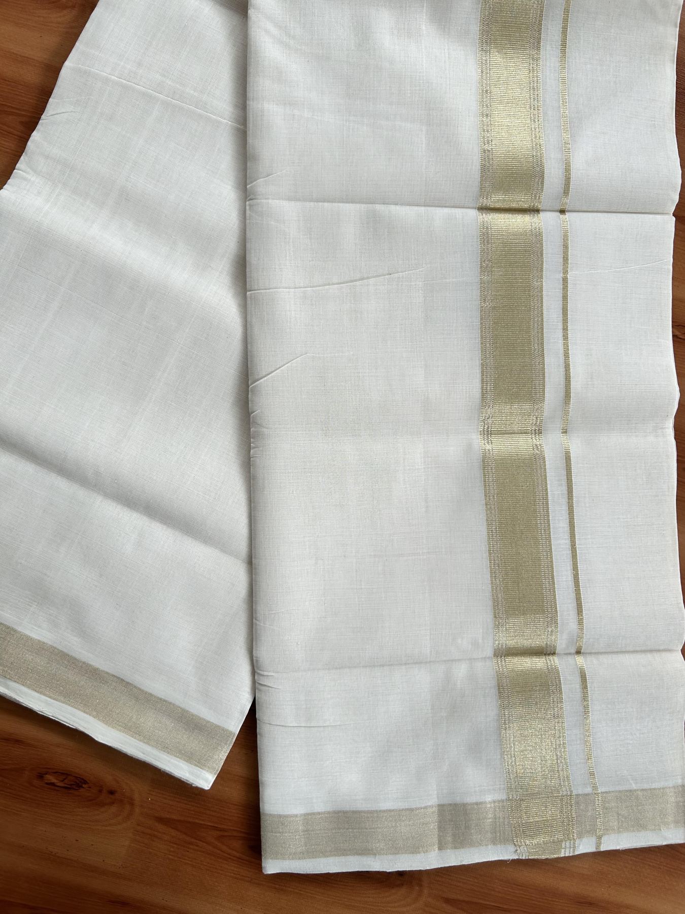 Double Off White (Unbleached) Mundu/Dhoti - 25% Discount!!! KaithariKada Handloom Unakkupaav Kerala Handloom - Pure Cotton 80x90 - 1.5 Inch Light Gold Kasavu Striped kara 4 Mtr (8.5 Muzham) - 6 KK5438 YAR