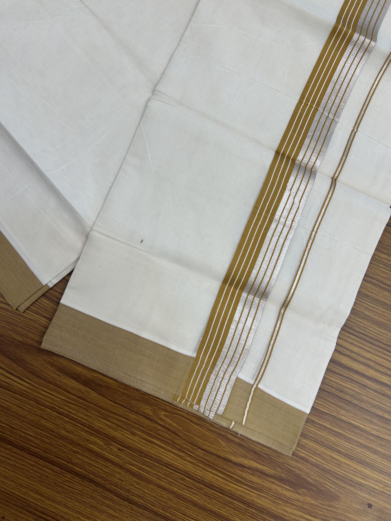 20% Discount! KaithariKada Balaramapuram 100% Cotton Off white Double Mundu/Dhoti - 80s - 1.5 inch Mustard Brown & Silver Kasav Striped Kara - 4mtr (8.5muzham) - 10 KK5357 VAS