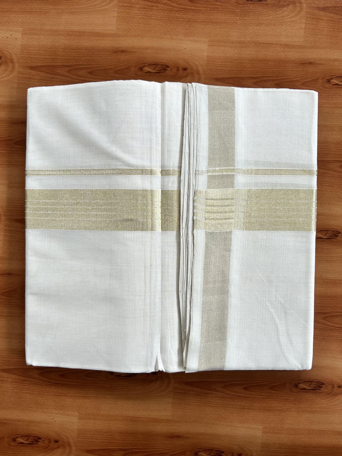 Double Off White (Unbleached) Mundu/Dhoti - 25% Discount!!! KaithariKada Handloom Unakkupaav Kerala Handloom - Pure Cotton 80x90 - 1.5 Inch Light Gold Kasavu Striped kara 4 Mtr (8.5 Muzham) - 5 KK5438 YAR
