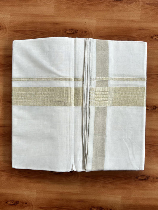 Double Off White (Unbleached) Mundu/Dhoti - 25% Discount!!! KaithariKada Handloom Unakkupaav Kerala Handloom - Pure Cotton 80x90 - 1.5 Inch Light Gold Kasavu Striped kara 4 Mtr (8.5 Muzham) - 5 KK5438 YAR