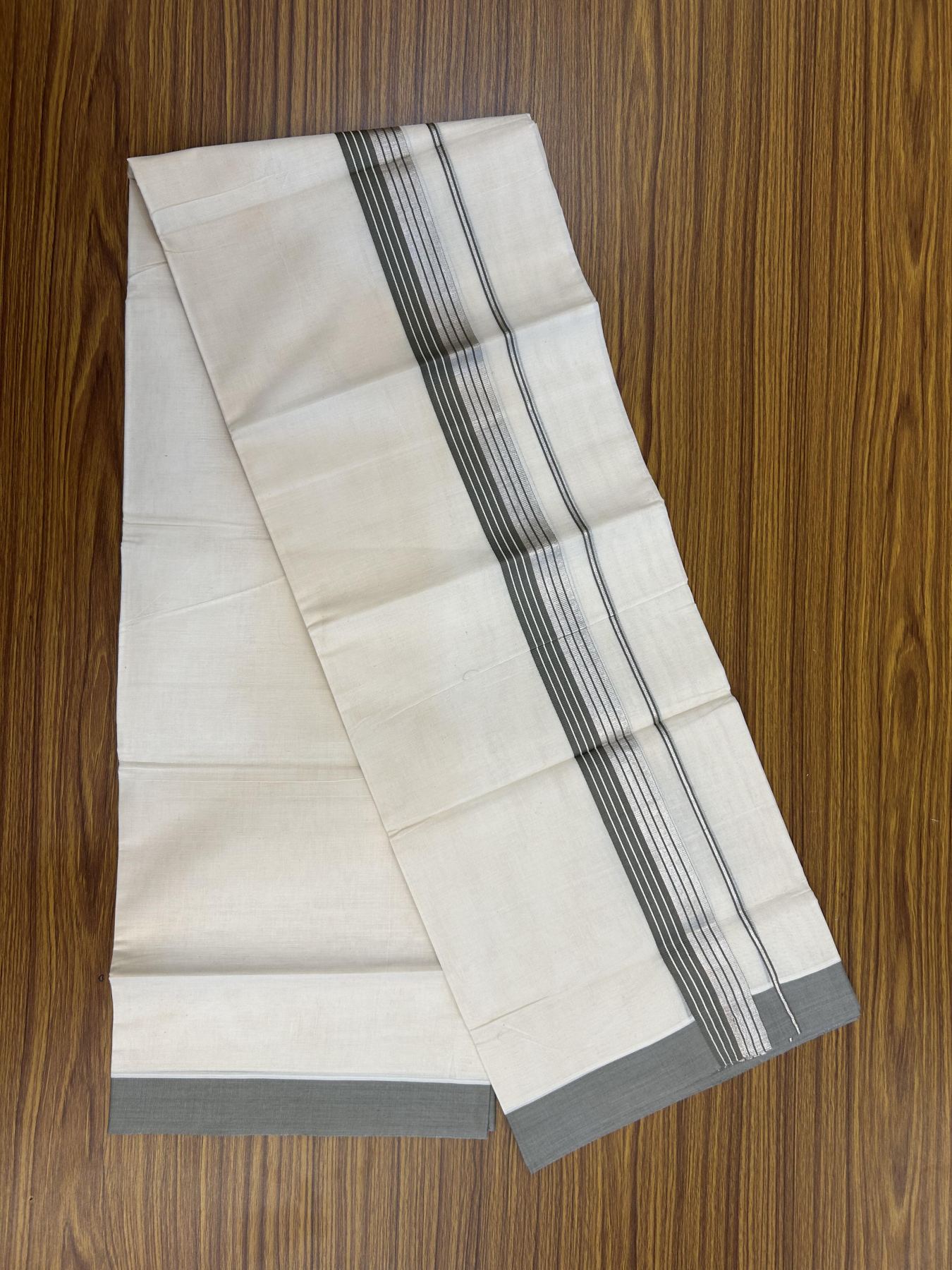 20% Discount! KaithariKada Balaramapuram 100% Cotton Off white Double Mundu/Dhoti - 80s - 1.5 inch Ash Grey & Silver Kasav Striped Kara - 4mtr (8.5muzham) - 11 KK5357 VAS