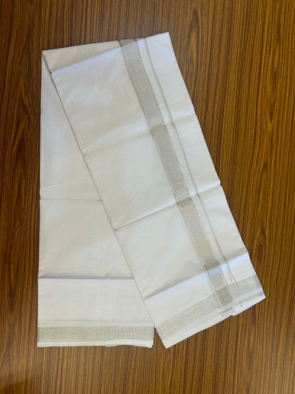 20% Discount! KaithariKada Balaramapuram 100% Cotton Double Pure White Mundu/Dhoti - 100x80 - 1.25 inch Silver Kasavu shaded Kara - 3.90 Mtr (8 Muzham) - 8 KK5291 PMC