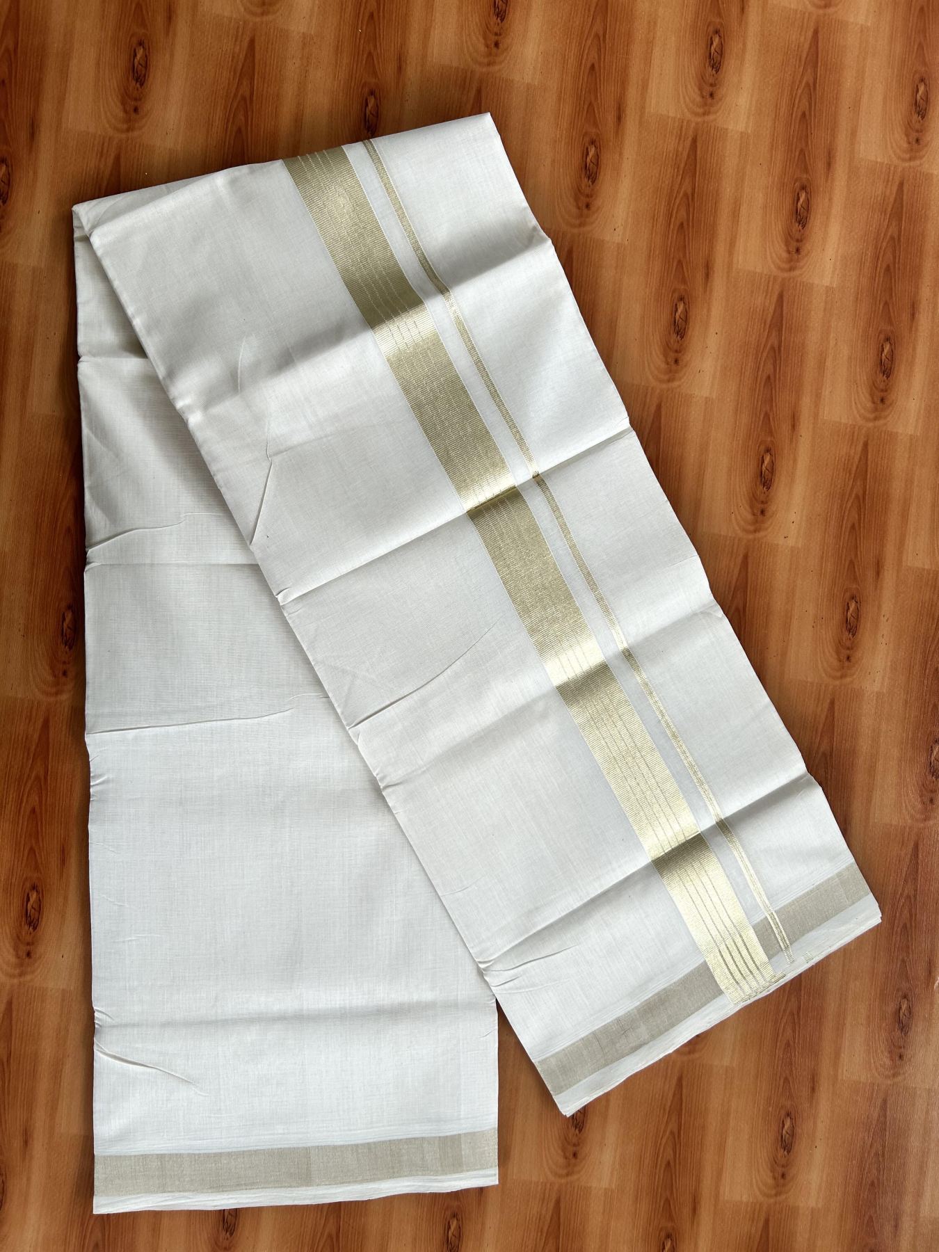 Double Off White (Unbleached) Mundu/Dhoti - 25% Discount!!! KaithariKada Handloom Unakkupaav Kerala Handloom - Pure Cotton 80x90 - 1.5 Inch Light Gold Kasavu Striped kara 4 Mtr (8.5 Muzham) - 5 KK5438 YAR