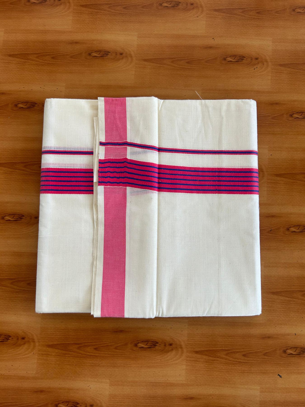 Double Off White (Unbleached) Mundu/Dhoti - 20% Discount! KaithariKada Pulimood 100% Cotton - 80x72 - 1.25 inch Red Pink & Navy Blue Striped Kara 4 mtr (8.5 muzham) - 14 KK5552 VIN