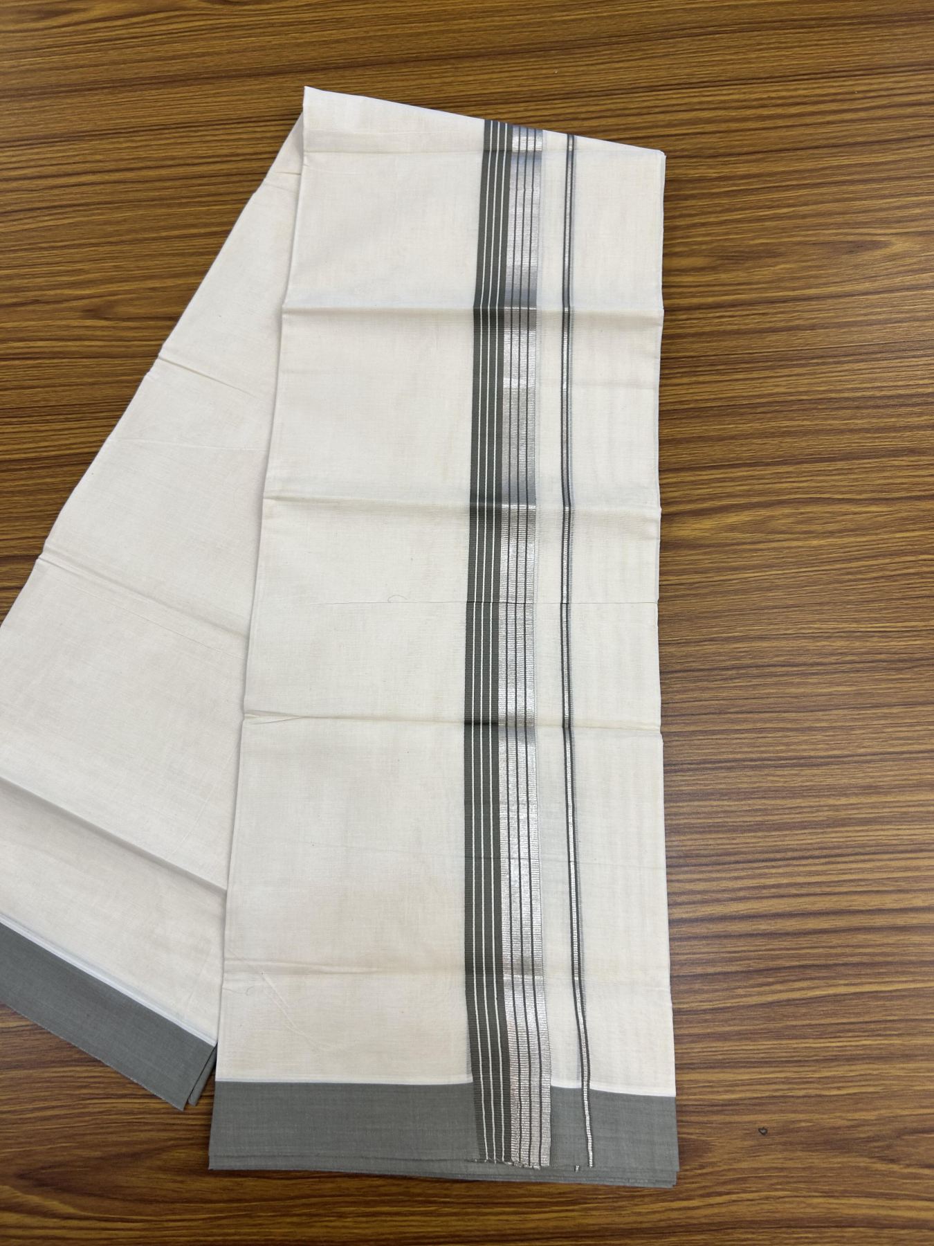 20% Discount! KaithariKada Balaramapuram 100% Cotton Off white Double Mundu/Dhoti - 80s - 1.5 inch Ash Grey & Silver Kasav Striped Kara - 4mtr (8.5muzham) - 11 KK5357 VAS