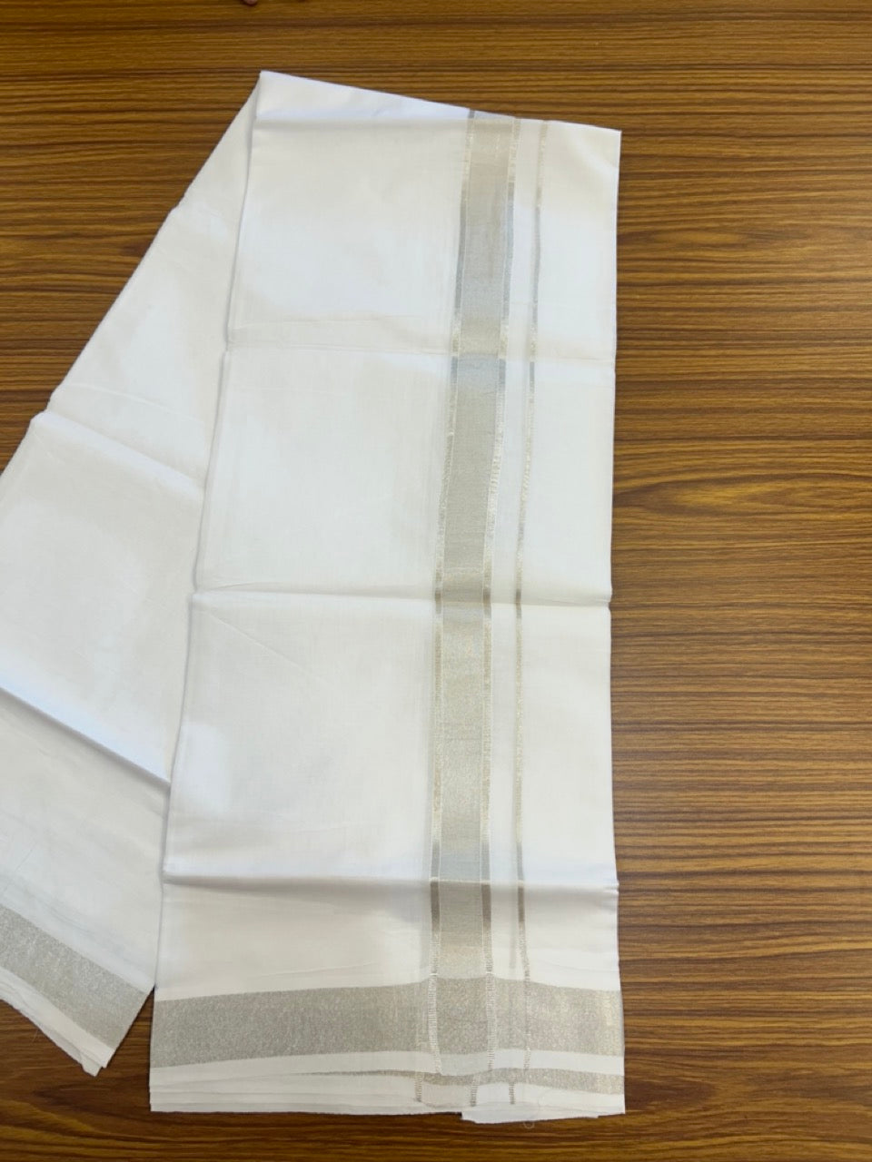 20% Discount! KaithariKada Balaramapuram 100% Cotton Double Pure White Mundu/Dhoti - 100x80 - 1.25 inch Silver Kasavu shaded Kara - 3.90 Mtr (8 Muzham) - 8 KK5291 PMC