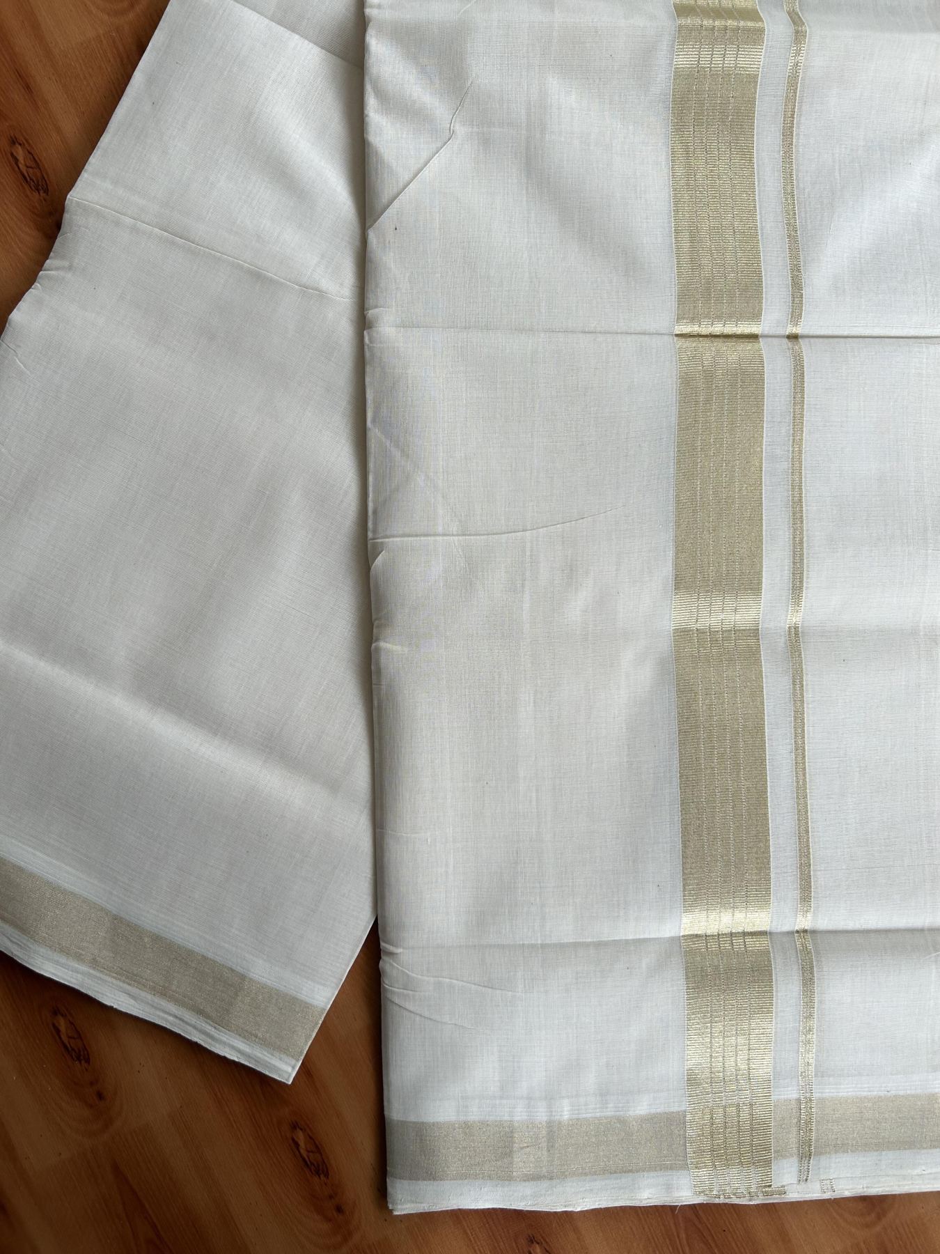 Double Off White (Unbleached) Mundu/Dhoti - 25% Discount!!! KaithariKada Handloom Unakkupaav Kerala Handloom - Pure Cotton 80x90 - 1.5 Inch Light Gold Kasavu Striped kara 4 Mtr (8.5 Muzham) - 5 KK5438 YAR