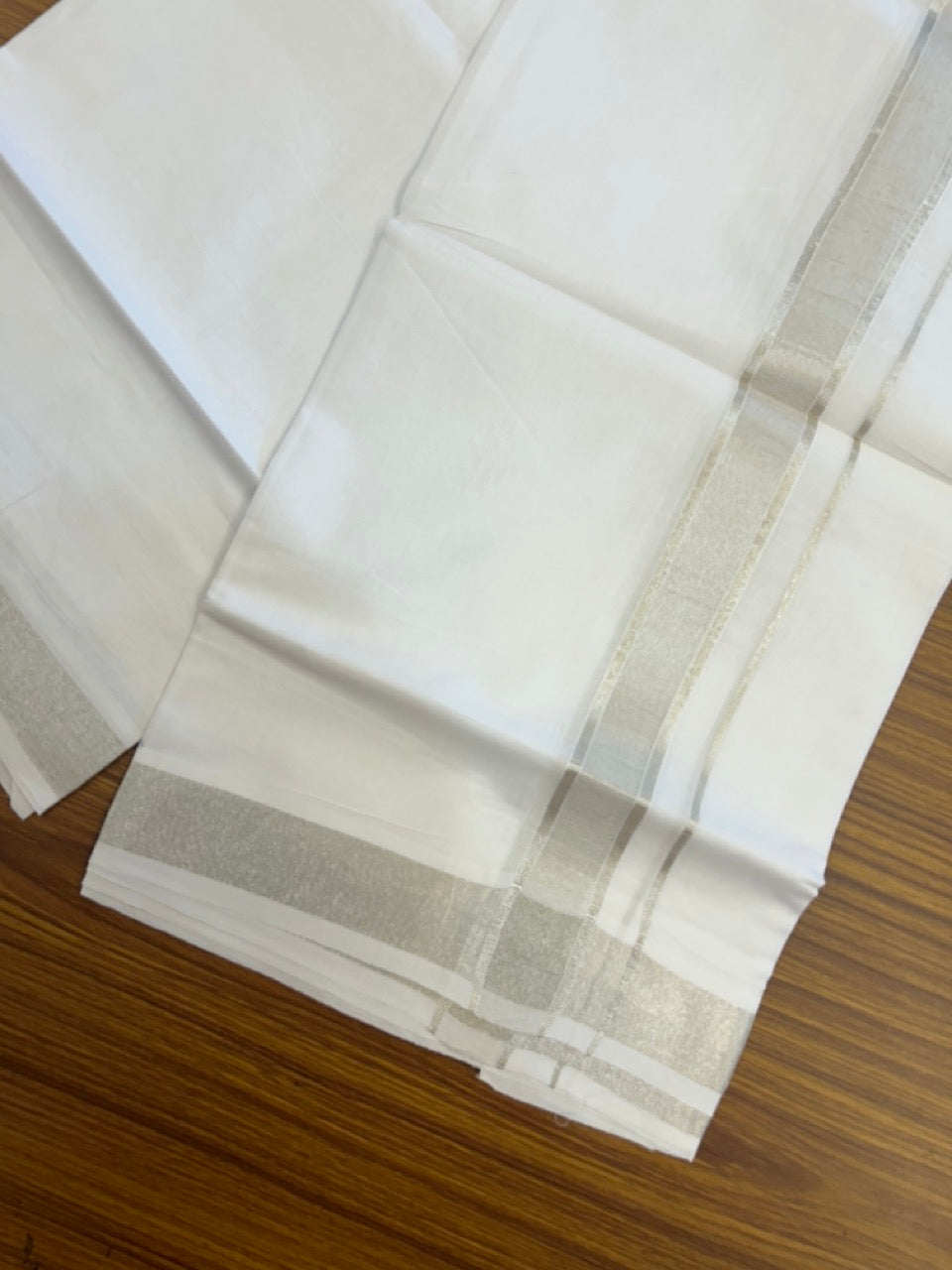 20% Discount! KaithariKada Balaramapuram 100% Cotton Double Pure White Mundu/Dhoti - 100x80 - 1.25 inch Silver Kasavu shaded Kara - 3.90 Mtr (8 Muzham) - 8 KK5291 PMC