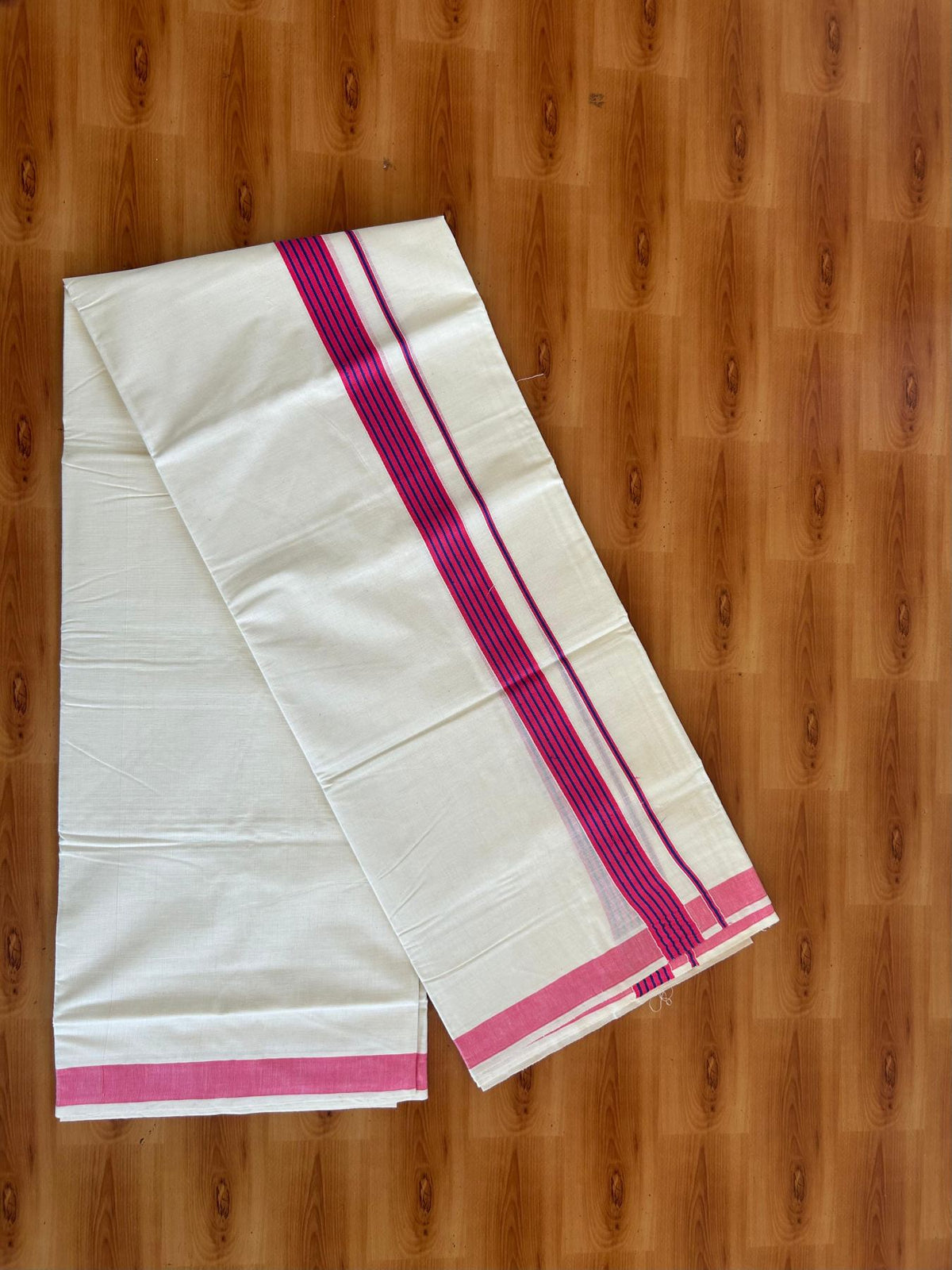 Double Off White (Unbleached) Mundu/Dhoti - 20% Discount! KaithariKada Pulimood 100% Cotton - 80x72 - 1.25 inch Red Pink & Navy Blue Striped Kara 4 mtr (8.5 muzham) - 14 KK5552 VIN