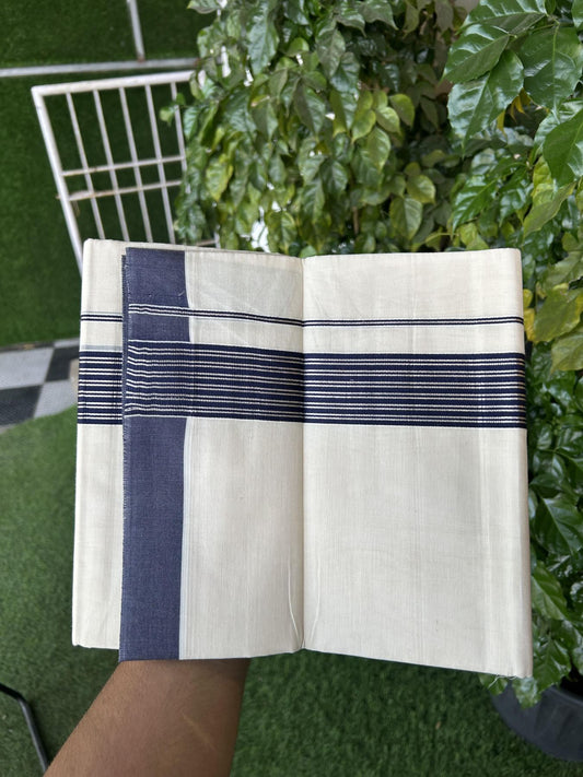 20% Discount! KaithariKada Balaramapuram 100% Cotton Off white Double Mundu/Dhoti - 80s - 1.75 inch Silver Kasav & Navy Blue Striped Kara - 4mtr (8.5muzham) - 21 KK5357 VAS