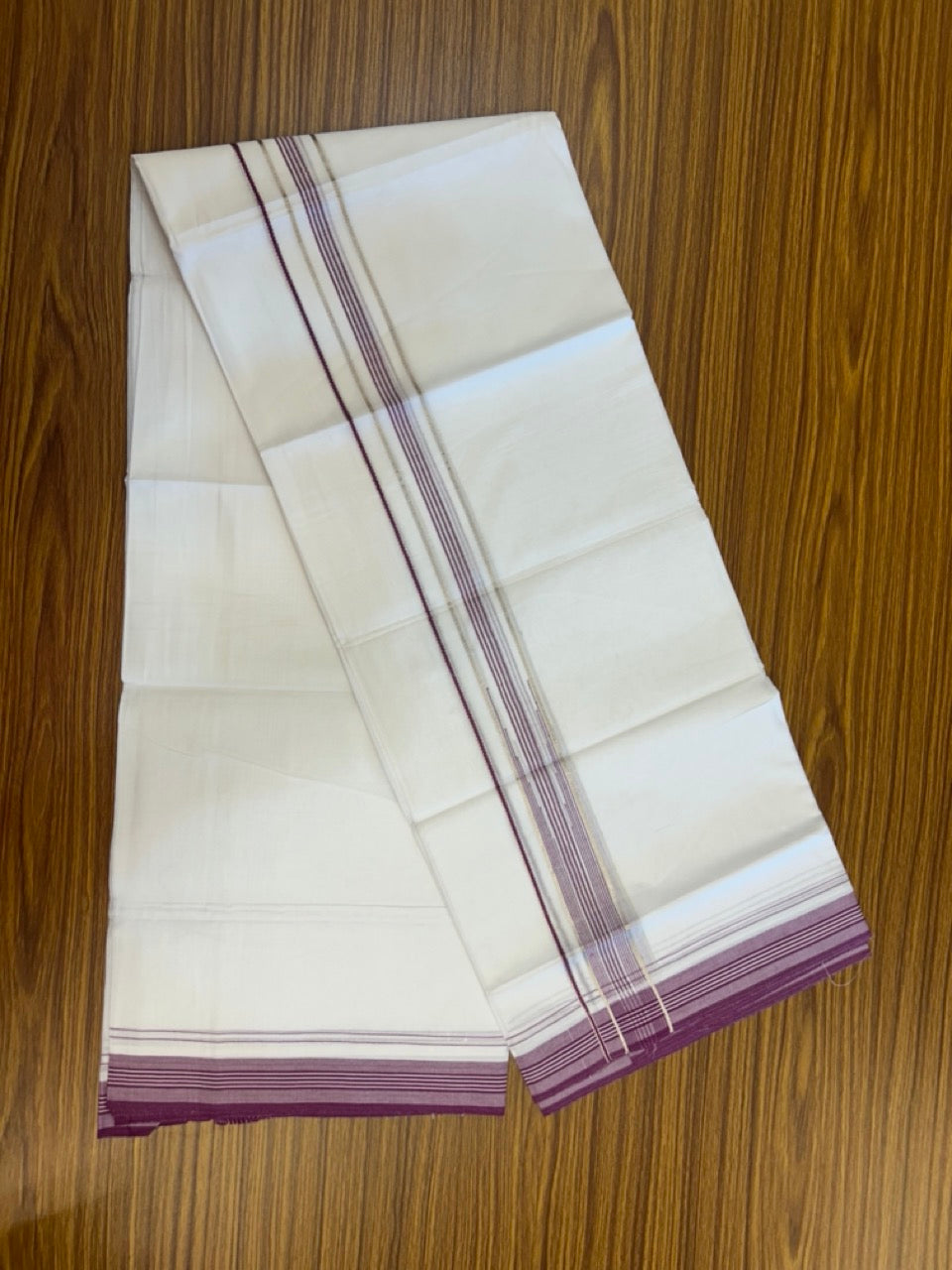 20% Discount ! Kaitharikada Balaramapuram 100% Cotton Pure White Double Mundu/Dothi - 100x80 - 1.25 inch Puliyilakkara Silver Kasav & Light Magenta Striped Chutty Kara  3.90 mtr (8 muzham) - 7 KK5291 VAS