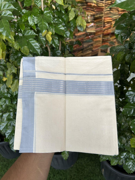 20% Discount! KaithariKada Balaramapuram 100% Cotton Off white Double Mundu/Dhoti - 80s - 1.75 inch Silver Kasav & Blue Grey Striped Kara - 4mtr (8.5muzham) - 20 KK5357 VAS