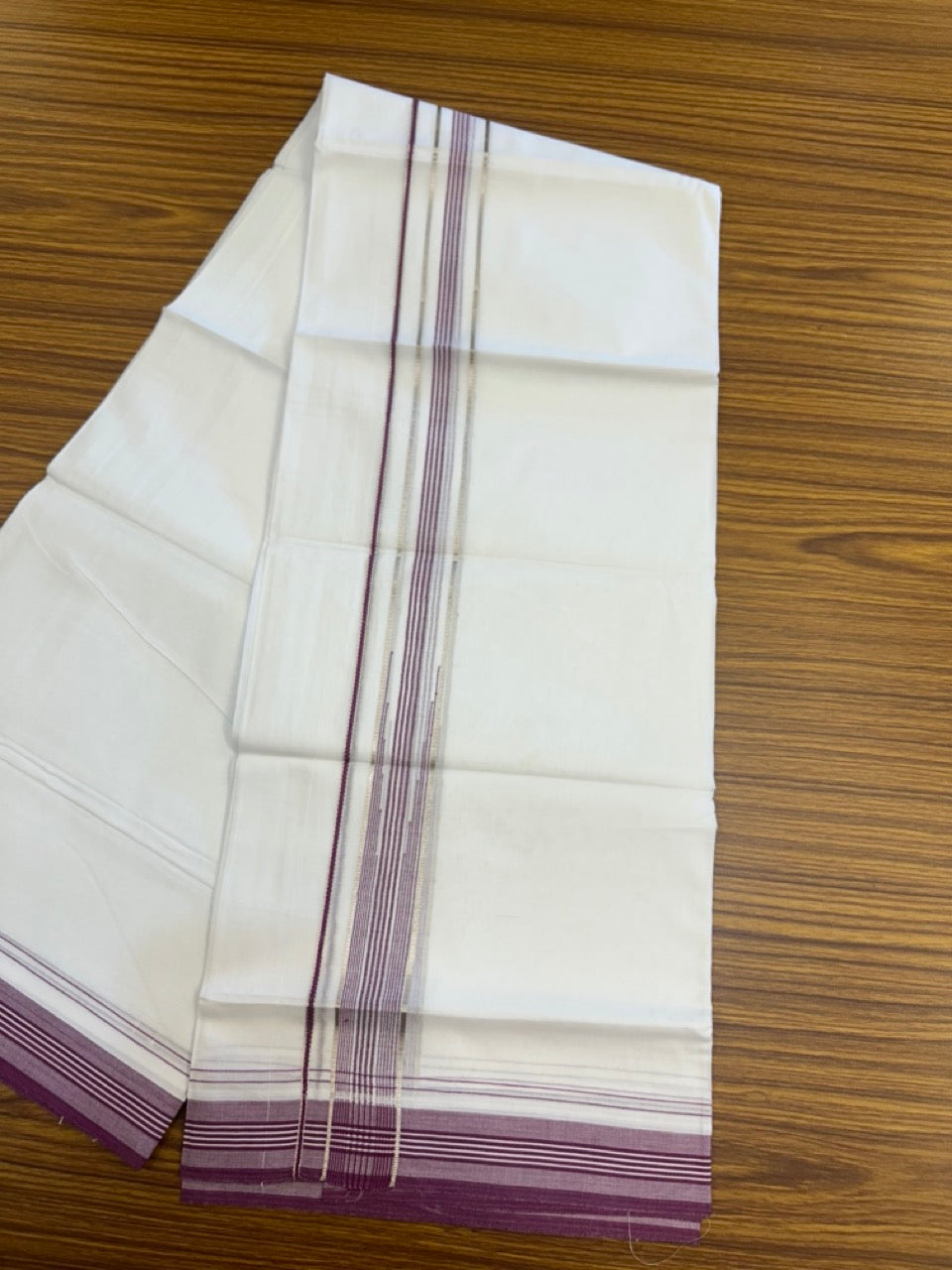 20% Discount ! Kaitharikada Balaramapuram 100% Cotton Pure White Double Mundu/Dothi - 100x80 - 1.25 inch Puliyilakkara Silver Kasav & Light Magenta Striped Chutty Kara  3.90 mtr (8 muzham) - 7 KK5291 VAS