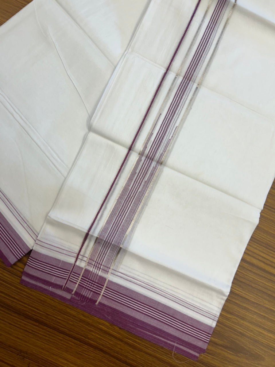 20% Discount ! Kaitharikada Balaramapuram 100% Cotton Pure White Double Mundu/Dothi - 100x80 - 1.25 inch Puliyilakkara Silver Kasav & Light Magenta Striped Chutty Kara  3.90 mtr (8 muzham) - 7 KK5291 VAS