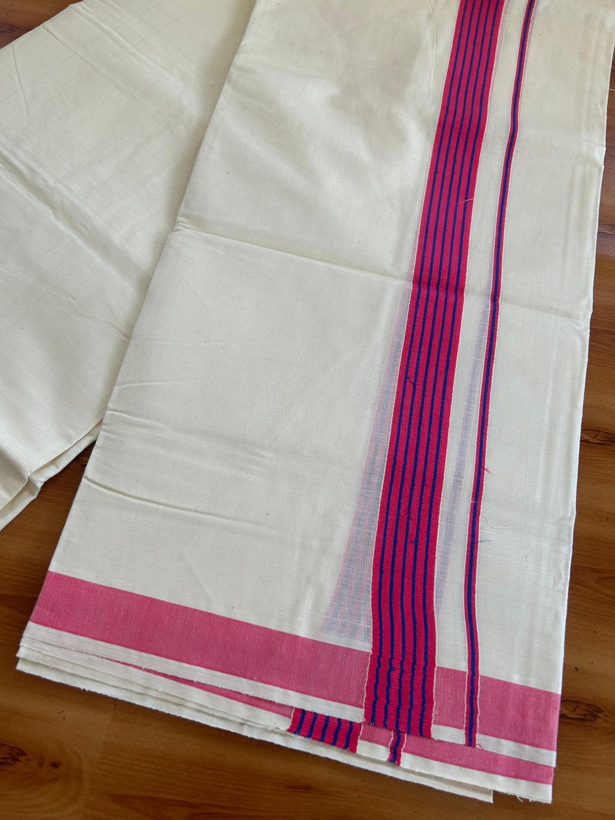 Double Off White (Unbleached) Mundu/Dhoti - 20% Discount! KaithariKada Pulimood 100% Cotton - 80x72 - 1.25 inch Red Pink & Navy Blue Striped Kara 4 mtr (8.5 muzham) - 14 KK5552 VIN