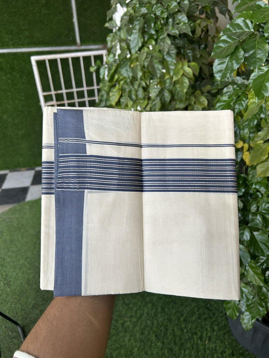 20% Discount! KaithariKada Balaramapuram 100% Cotton Off white Double Mundu/Dhoti - 80s - 1.75 inch Silver Kasav & Blue Striped Kara - 4mtr (8.5muzham) - 18 KK5357 VAS