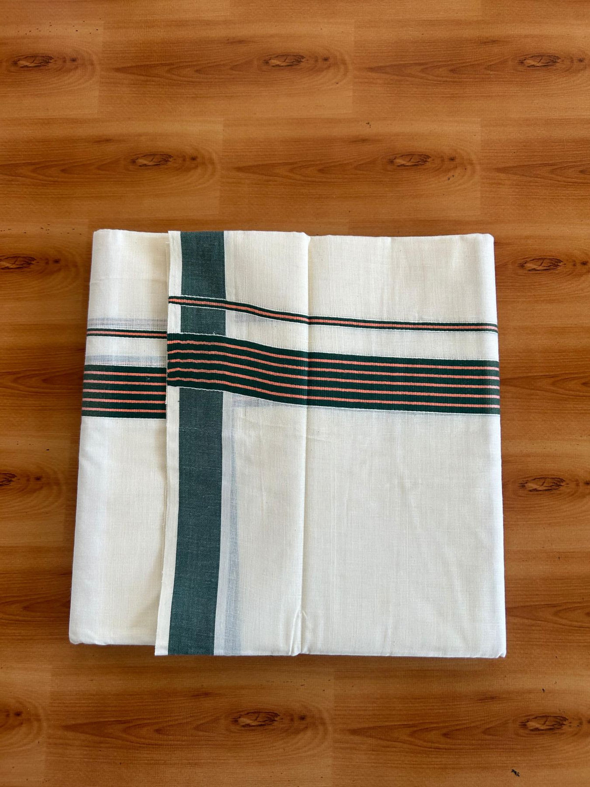 Double Off White (Unbleached) Mundu/Dhoti - 20% Discount! KaithariKada Pulimood 100% Cotton - 80x72 - 1.25 inch Dark Green & Peach Striped Kara 4 mtr (8.5 muzham) - 15 KK5552 VIN