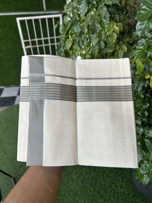 20% Discount! KaithariKada Balaramapuram 100% Cotton Off white Double Mundu/Dhoti - 80s - 1.75 inch Silver Kasav & Ash Grey Striped Kara - 4mtr (8.5muzham) - 17 KK5357 VAS