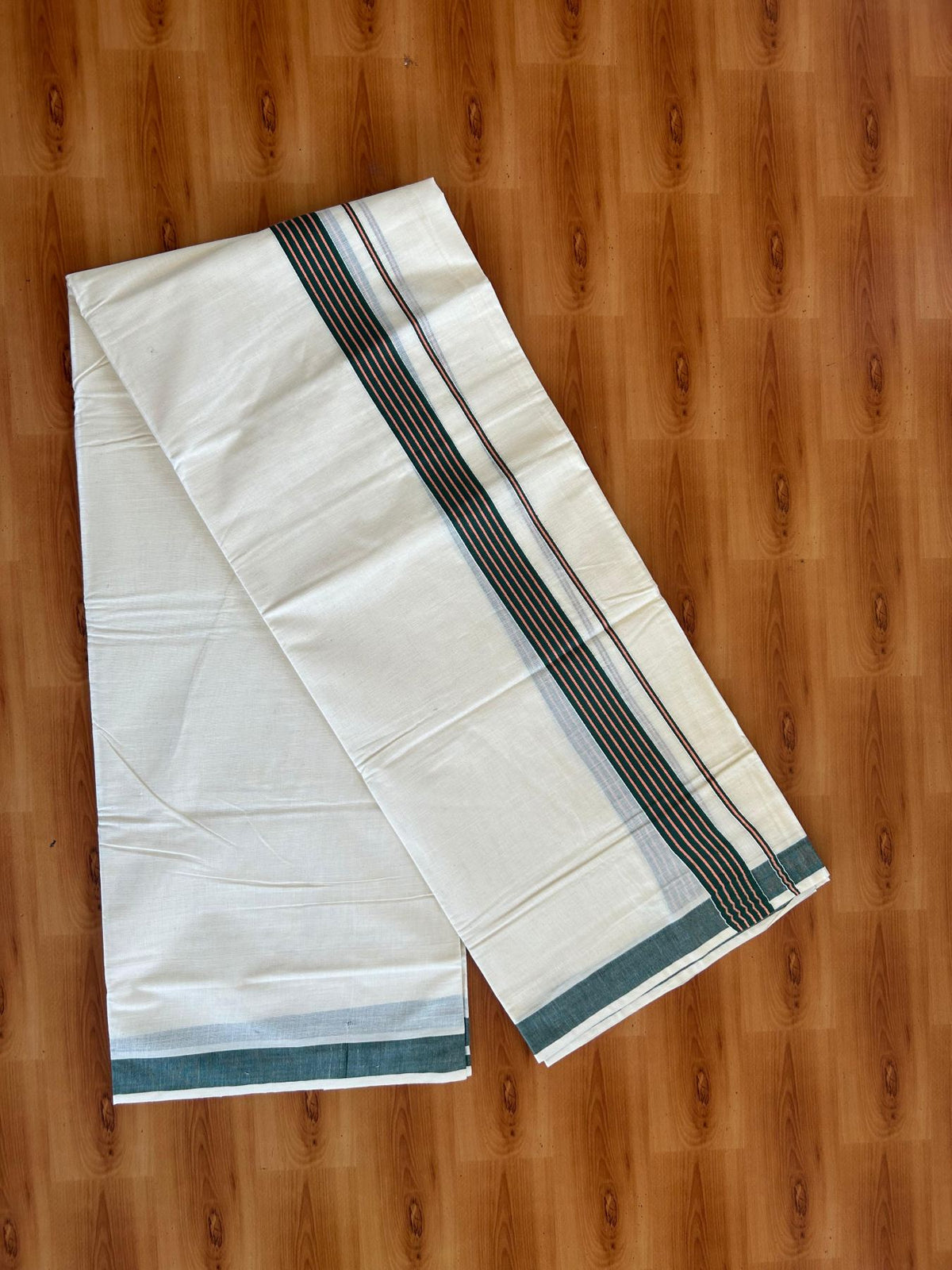 Double Off White (Unbleached) Mundu/Dhoti - 20% Discount! KaithariKada Pulimood 100% Cotton - 80x72 - 1.25 inch Dark Green & Peach Striped Kara 4 mtr (8.5 muzham) - 15 KK5552 VIN