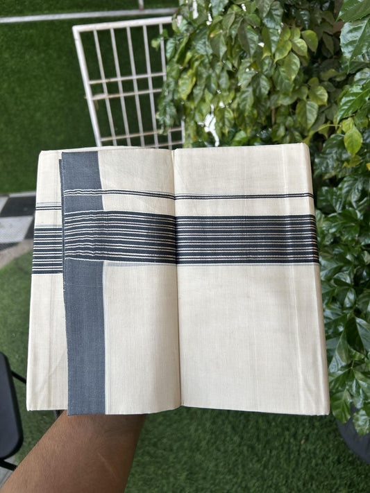 20% Discount! KaithariKada Balaramapuram 100% Cotton Off white Double Mundu/Dhoti - 80s - 1.75 inch Silver Kasav & Dark Blue Grey Striped Kara - 4mtr (8.5muzham) - 16 KK5357 VAS