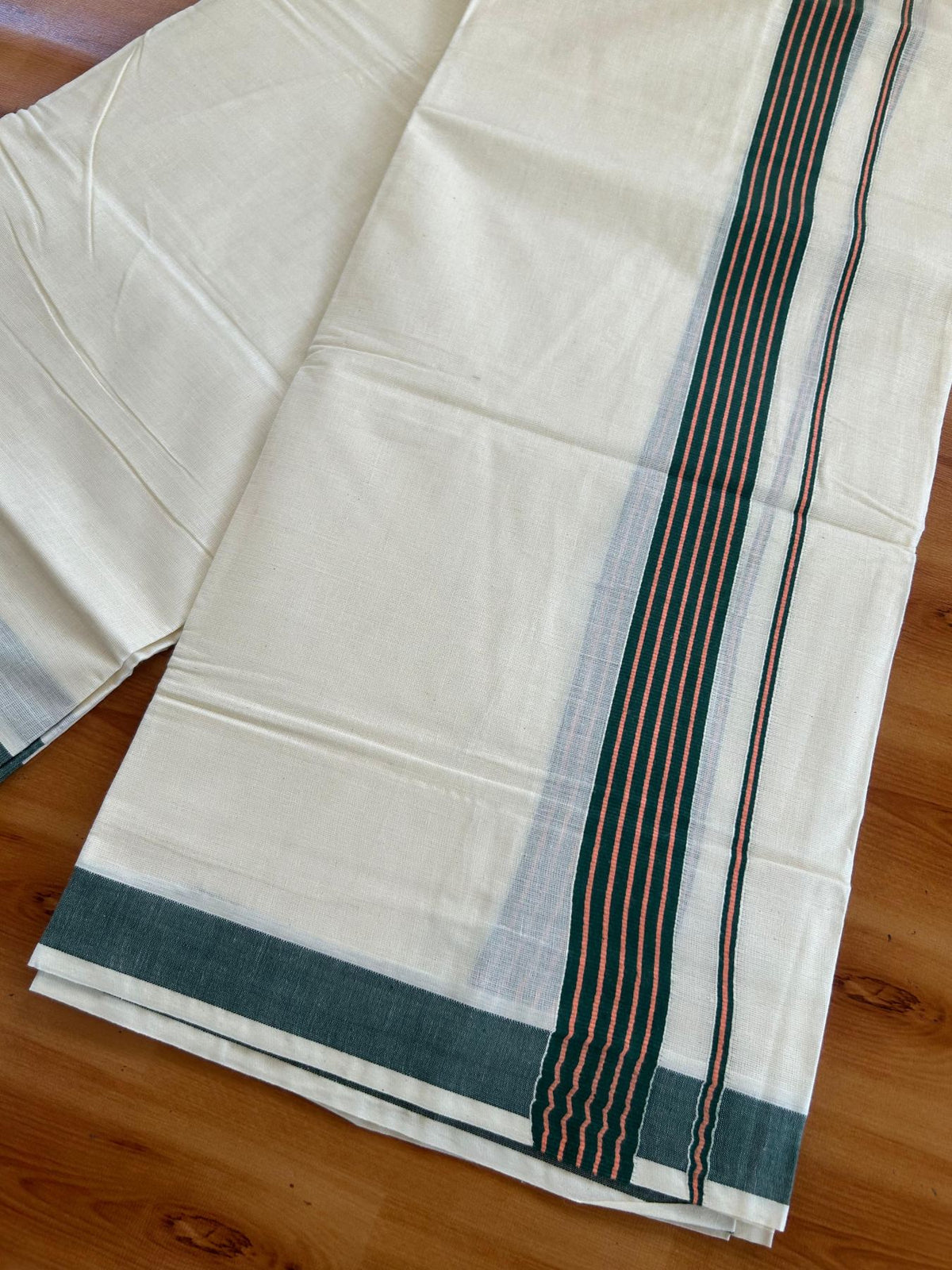 Double Off White (Unbleached) Mundu/Dhoti - 20% Discount! KaithariKada Pulimood 100% Cotton - 80x72 - 1.25 inch Dark Green & Peach Striped Kara 4 mtr (8.5 muzham) - 15 KK5552 VIN