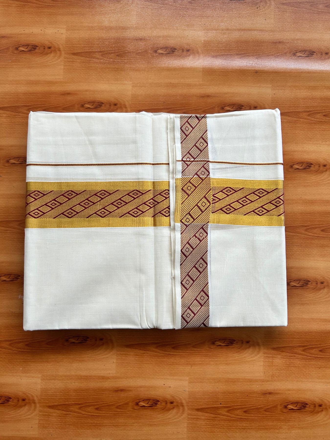 Off White (Unbleached) Double Mundu/Dhoti - 20% Discount ! KaithariKada Pure Cotton - 100x80 - 2 inch Gold Kasav & Red Jacquard Design kara 4 mtr (8.5 Muzham) - 4 KK5483 PMC
