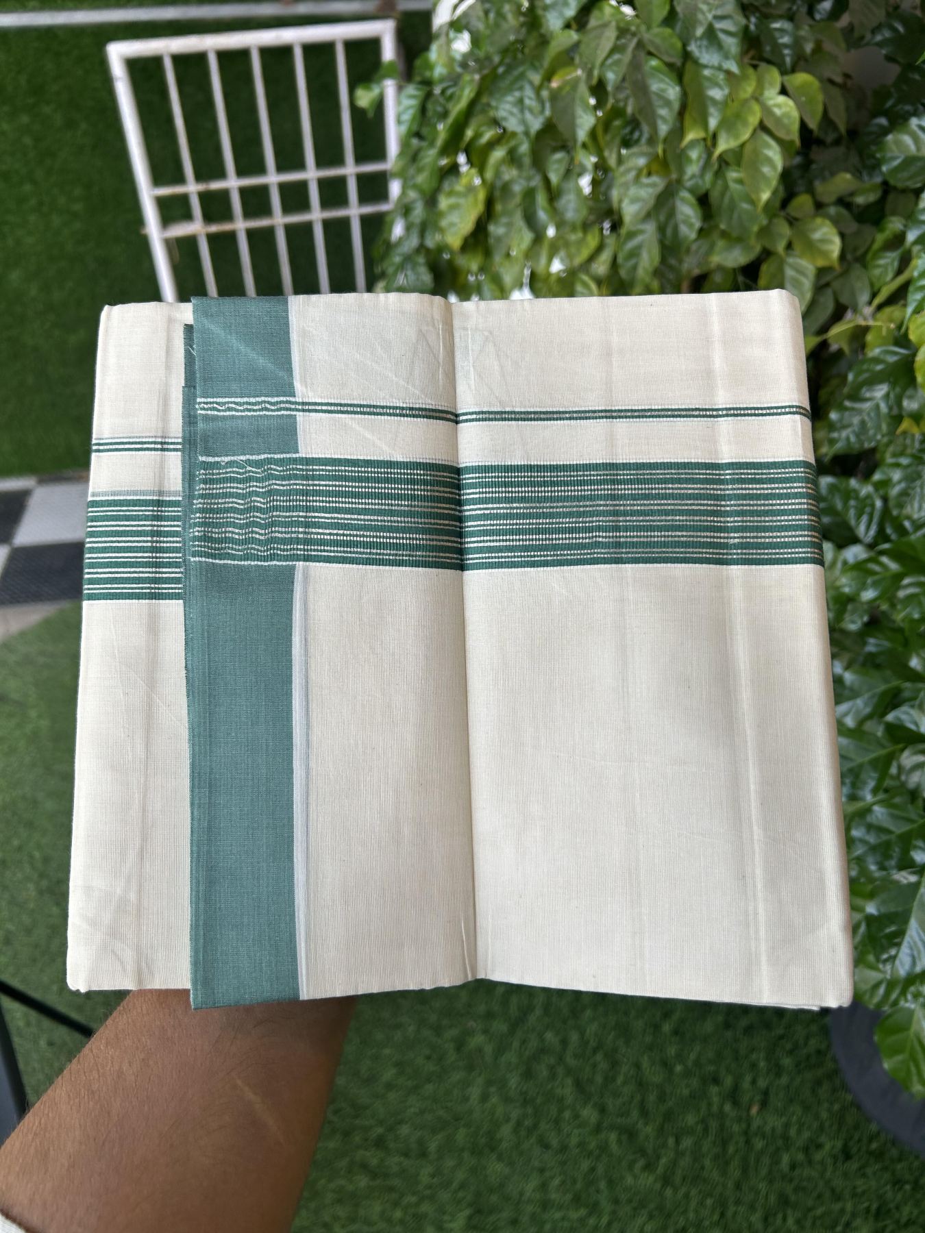 20% Discount! KaithariKada Balaramapuram 100% Cotton Off white Double Mundu/Dhoti - 80s - 1.75 inch Silver Kasav & Teal Striped Kara - 4mtr (8.5muzham) - 15 KK5357 VAS