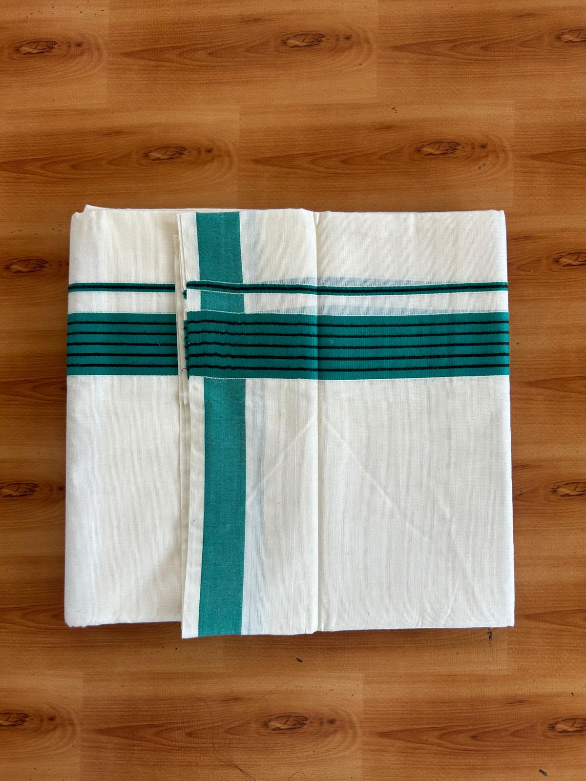 Double Off White (Unbleached) Mundu/Dhoti - 20% Discount! KaithariKada Pulimood 100% Cotton - 80x72 - 1.5 inch Teal Green & Black Striped Kara 4 mtr (8.5 muzham) - 16 KK5552 VIN